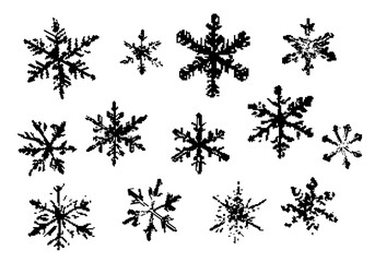 Set of black snowflakes. Pixel style. Abstract snowflakes for Christmas design. Vector illustration on white background