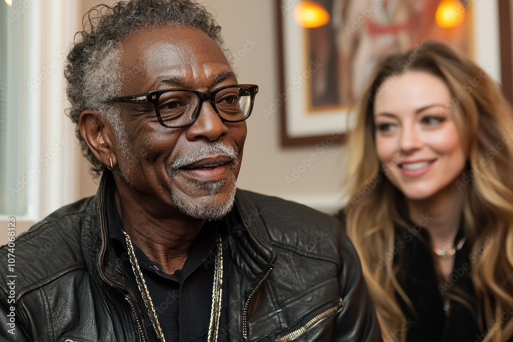 Poster portrait of a smiling man in a leather jacket with a woman in the background