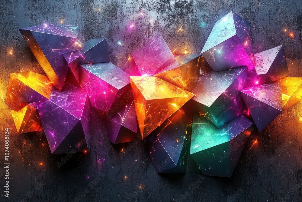 Poster abstract geometric composition of glowing multicolored crystalline shapes