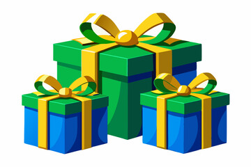  Nicely wrapped green and blue Christmas gift boxes with gold ribbons and bow 