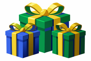  Nicely wrapped green and blue Christmas gift boxes with gold ribbons and bow 