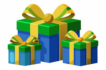 Fototapeta premium Nicely wrapped green and blue Christmas gift boxes with gold ribbons and bow 