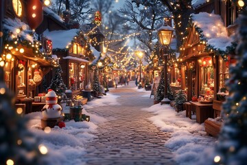 Fototapeta premium A picturesque snow-laden village street adorned with festive holiday lights and decorations. Charming wooden shops and cozy cottages line the pathway, each decorated with wreaths, garlands.