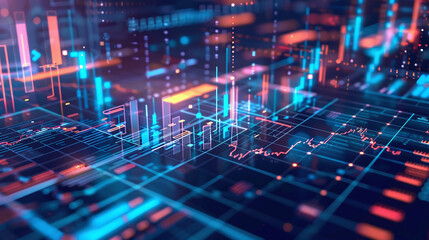 A Vibrant Digital Financial Landscape Illustrating Dynamic Stock Market Trends With Glowing Data Visualizations and Graphs, Depicting Trading Activity in a Futuristic Setting