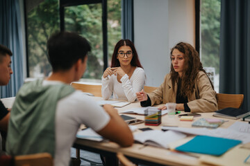 A group of university students are actively participating in a discussion during a study session....