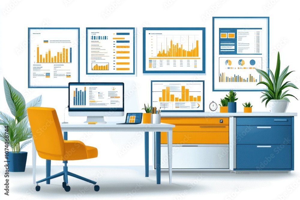 Aufkleber modern office interior with data analysis charts and graphs