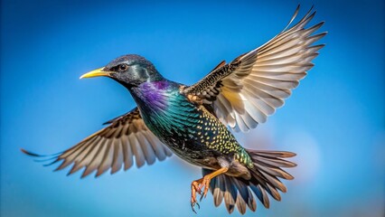 Obraz premium Captivating Starling in Flight: A Striking Image of Sturnus vulgaris with Ample Copy Space for Nature and Wildlife Projects