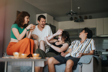 A group of four friends sitting on a couch in a modern living room, laughing and having a relaxed...