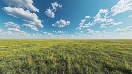 Obraz premium A bright field of yellow flowers against a backdrop of a clear blue sky and white clouds in a peaceful prairie.