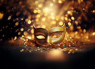 A gold masquerade mask sits on a dark surface surrounded by shimmering confetti and out-of-focus lights.
