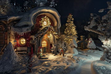Santa's Cabin with glowing windows surrounded by snow in the North Pole during a quiet magical Christmas night