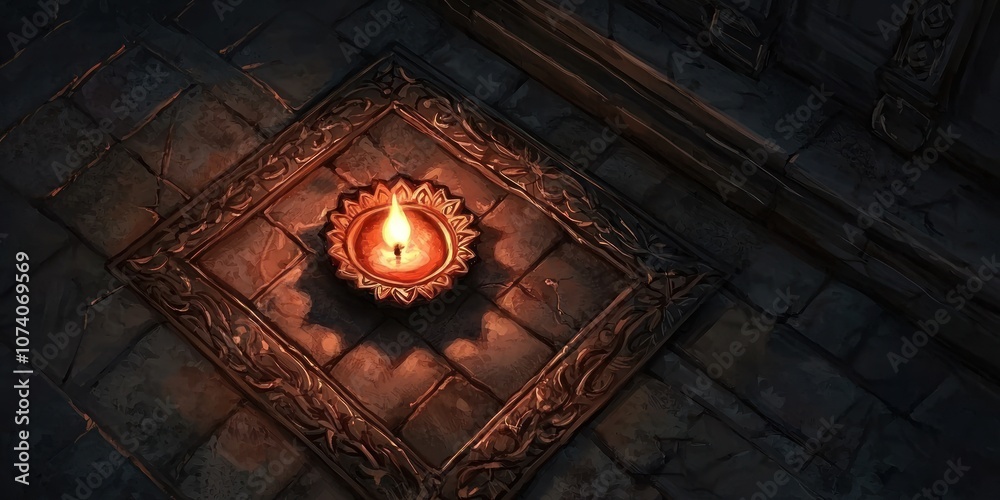 Poster a lit diya in a decorative frame on a stone floor
