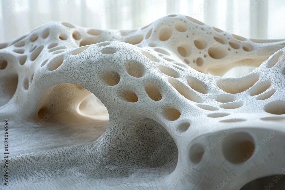 Aufkleber White Sculptural Form with Circular Cutouts and a Grid Pattern