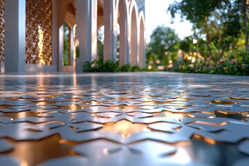 Fototapeta premium A Close-Up View of a Reflective Mosaic Floor with a Golden Glow