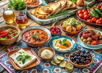 Captivating Traditional Turkish Breakfast Spread Featuring Fresh Bread, Olives, Feta Cheese, Tomatoes, Cucumbers, Honey, and Menemen Served on a Rustic Wooden Table