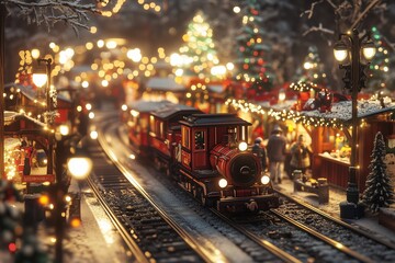 Obraz premium A charming, vintage-style red train weaves through a festive Christmas market, surrounded by twinkling holiday lights and snow-covered decorations. 