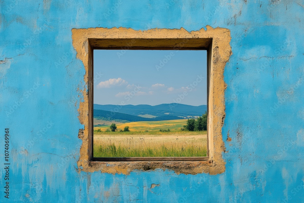 Poster A weathered window showcases a stunning view of green fields and distant mountains, bathed in soft sunlight against a serene backdrop. Generative AI