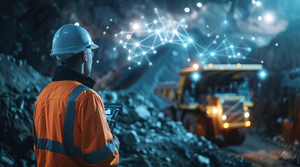 A Coal Miner Using a Tablet to Monitor Equipment Performance While Overseeing a Mining Operation in an Underground Site Illuminated by Artificial Lights