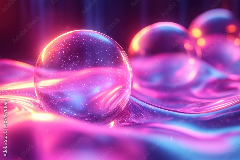 Poster a transparent sphere resting on a wavy, multicolored surface