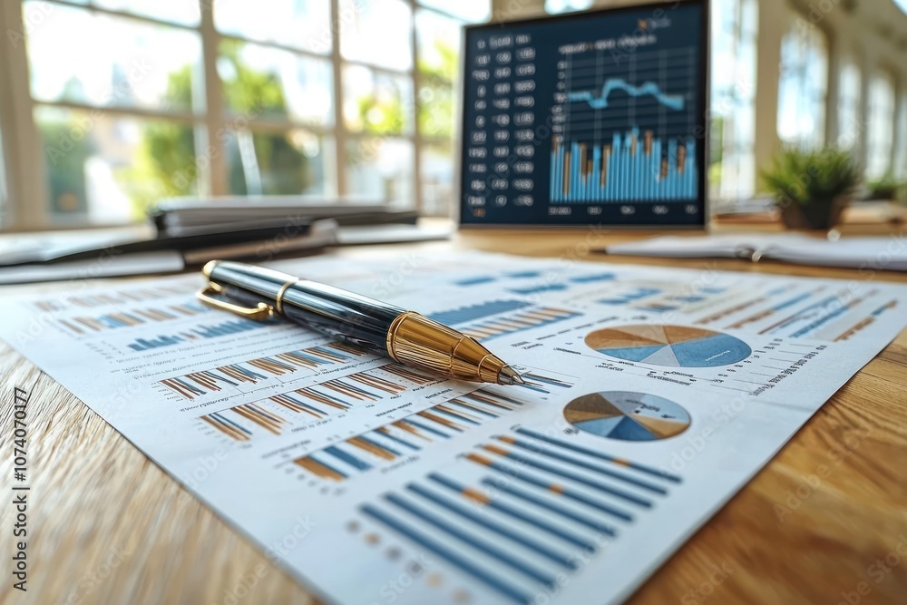 Aufkleber financial analysis with pen on charts and graphs