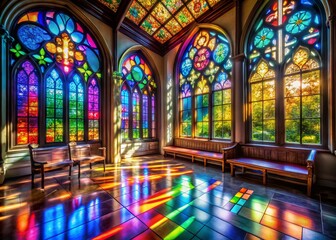 Obraz premium Captivating View of Colorful Stained Glass Windows Illuminating a Serene Interior Space with Vibrant Hues and Reflections Creating an Atmosphere of Tranquility