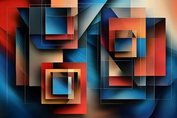 An abstract composition featuring layered geometric shapes in vibrant oranges, blues, and reds, creating a dynamic visual interplay of depth and color.