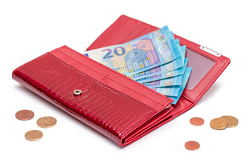 Opened Red Women Purse with 20 Euro Banknotes Inside and Scattered Euro Cent Coins - Isolated on White Background. A Wallet Full of Money Symbolizing Wealth, Success, Shopping and Social Status -