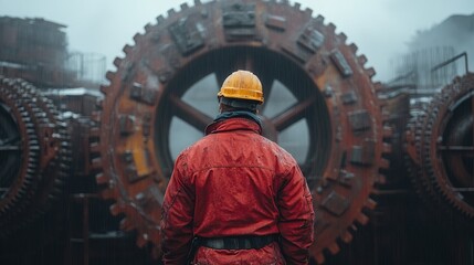 Obraz premium Industrial Worker in Front of Large Gears