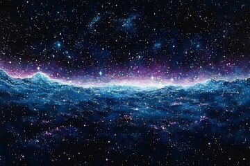 A stunning cosmic landscape featuring a deep starry sky with countless stars and a mystical glowing horizon, evoking feelings of wonder and serenity.