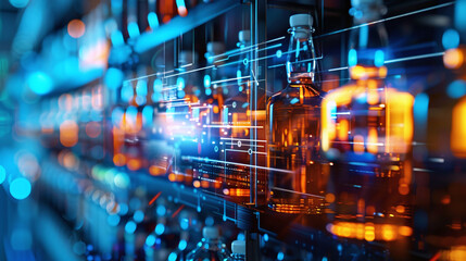 Bottles of Various Liquids Displayed on Shelves With Vibrant Lighting in a Modern Setting, Illuminated With Dynamic Technology Patterns, Capturing a Sense of Innovation and Sophistication