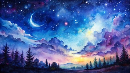Fototapeta premium Captivating Watercolor Painting of a Night Sky with Stars and Moon, Featuring a Beautiful Blend of Deep Blues, Purples, and Soft Touches of White for a Dreamy Atmosphere