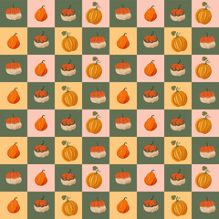 Pattern with pumpkins on colored squares. Autumn harvest. For packaging design, fabric prints, clothing, illustrations and flyers, covers and brochures, cafe menu. Vector illustration