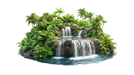 lush jungle island featuring cascading waterfalls surrounded by vibrant greenery creates serene and adventurous atmosphere