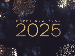 Happy New Year 2025 Text with Gold Fireworks in Night Sky