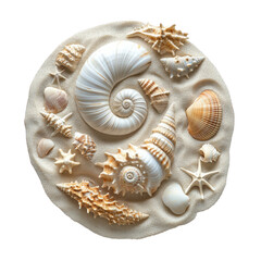 Seashells arranged in circular pattern on sandy beach, showcasing various shapes and textures. This abstract beach theme evokes sense of tranquility and nature beauty