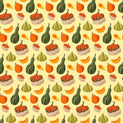 Bright and ripe pumpkins. Seamless pattern. Autumn pumpkin harvest. For packaging design, prints and clothes, illustrations and leaflets, covers and brochures, cafe menus. Vector illustration