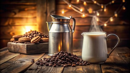 Capturing the Art of Cappuccino: A Metal Jug Foaming Milk for Perfect Coffee Creations in a Cozy Café Setting