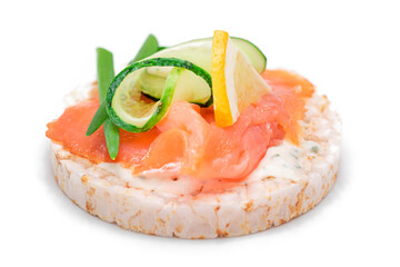 Rice Cake Sandwich with Fresh Salmon, Cucumber, Lemon and Greens - Isolated on White Background. Diet Food. Quick and Healthy Sandwiches. Crispbread with Fresh Fillings. Healthy Dietary Snack