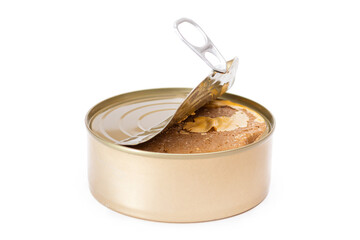 Opened Tin Can with Chicken Liver Pate Isolated on White Background. Open Canned Pate - Isolation