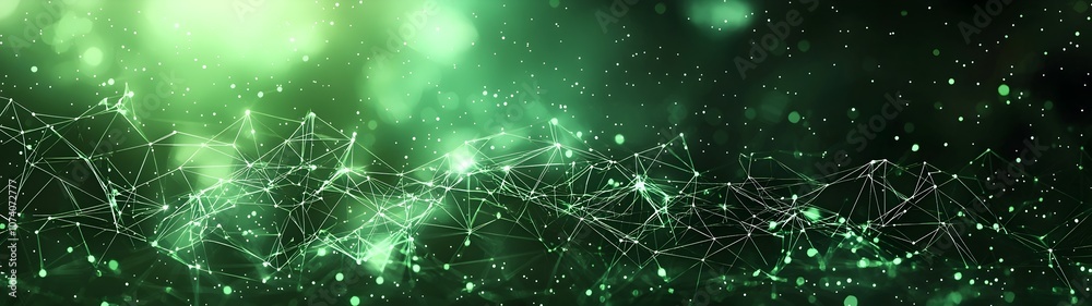 Poster a captivating abstract green background featuring luminous particles and interconnected lines, creat