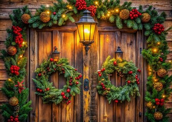 Charming Rustic Wooden Door with Festive Wreath Surrounded by Lanterns and Lush Greenery for a Warm and Welcoming Atmosphere