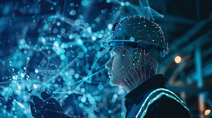 A Construction Worker in a Hard Hat Examines Digital Data Projections in an Industrial Setting Surrounded by Advanced Technology at Night