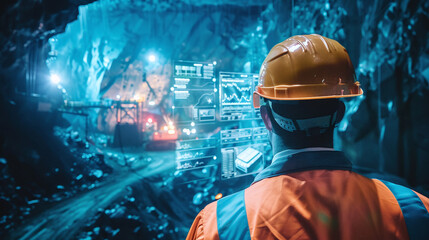 A Mining Engineer Observes Data While Monitoring Operations Inside a High-Tech Cavern During Nighttime at a Mineral Extraction Site