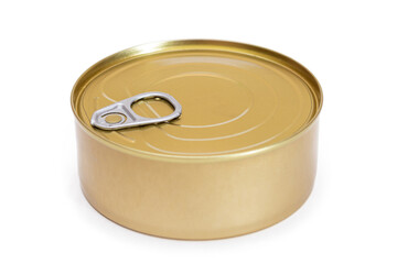 Round Unopened Tin Can Isolated on White Background. Canned Food. Aluminum Can for Safe and Long Term Storage of Food. Steel Sealed Food Storage Container - Isolation
