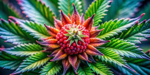 Close-up Drone Photography of Isolated Strawberry Cough Cannabis Flower Showcasing Medicinal Herb for Ganja Culture and Horticulture in Natural Environment