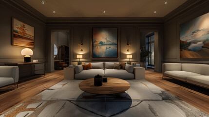 Large living room with a wooden floor and a large round coffee table