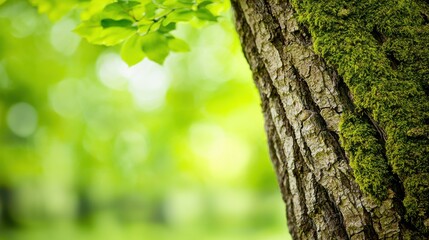 Obraz premium A close-up of a textured tree trunk covered in moss, surrounded by vibrant green foliage, evoking a serene and natural atmosphere.