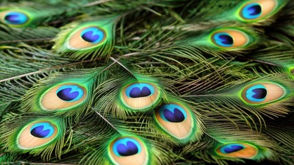 Fototapeta premium A vibrant close-up of peacock feathers, showcasing their iridescent colors and intricate patterns.