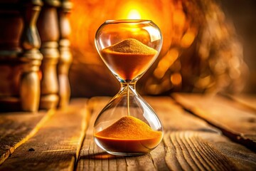 Close-Up of an Hourglass with Orange Sand on Wooden Surface Symbolizing Time Passing and Blurred Papers in the Background for Conceptual Photography