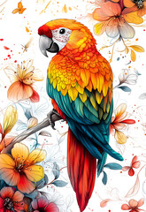 Obraz premium line art drawing of an exotic parrot perched on a branch, surrounded by blooming flowers and lush foliage.